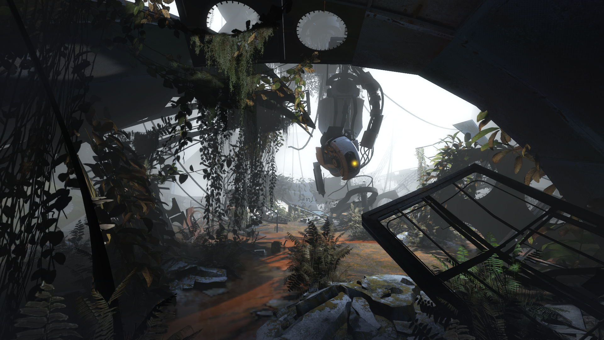 GLaDOS hangs above an overgrown test chamber in Portal 2.